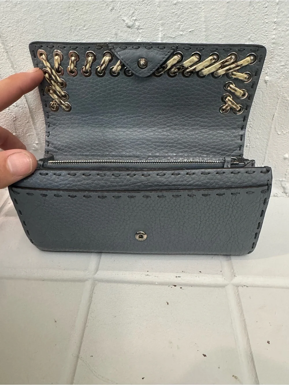 Fendi Gray-Blue Leather Selleria Wallet Full Set